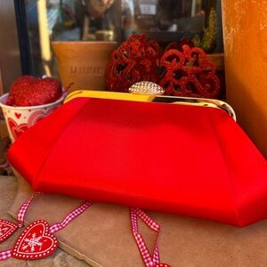 Red Satin Rhinestone Statement Clutch NWT